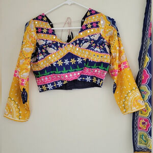 Cotton Mirror Work Choli Blue-Yellow